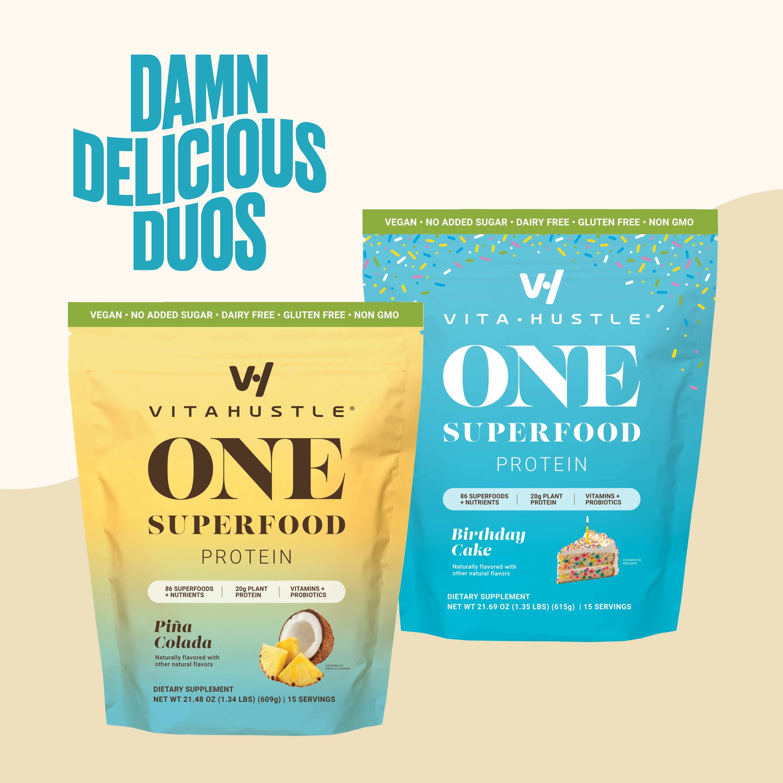VitaHustle ONE Superfood Protein | 2-Pack Bundle | 20g Plant Protein All-in-One Shake, KSM-66 Ashwagandha, Vitamins, Daily Greens, Adaptogens, Pre+Probiotics, Vegan, Dairy-Free, Gluten-Free, Non-GMO | Damn Delicious Duos