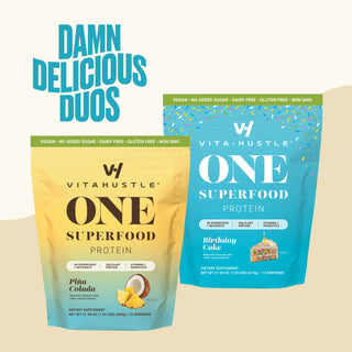 VitaHustle ONE Superfood Protein | 2-Pack Bundle | 20g Plant Protein All-in-One Shake, KSM-66 Ashwagandha, Vitamins, Daily Greens, Adaptogens, Pre+Probiotics, Vegan, Dairy-Free, Gluten-Free, Non-GMO | Damn Delicious Duos
