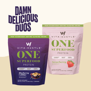 VitaHustle ONE Superfood Protein | 2-Pack Bundle | 20g Plant Protein All-in-One Shake, KSM-66 Ashwagandha, Vitamins, Daily Greens, Adaptogens, Pre+Probiotics, Vegan, Dairy-Free, Gluten-Free, Non-GMO | Damn Delicious Duos