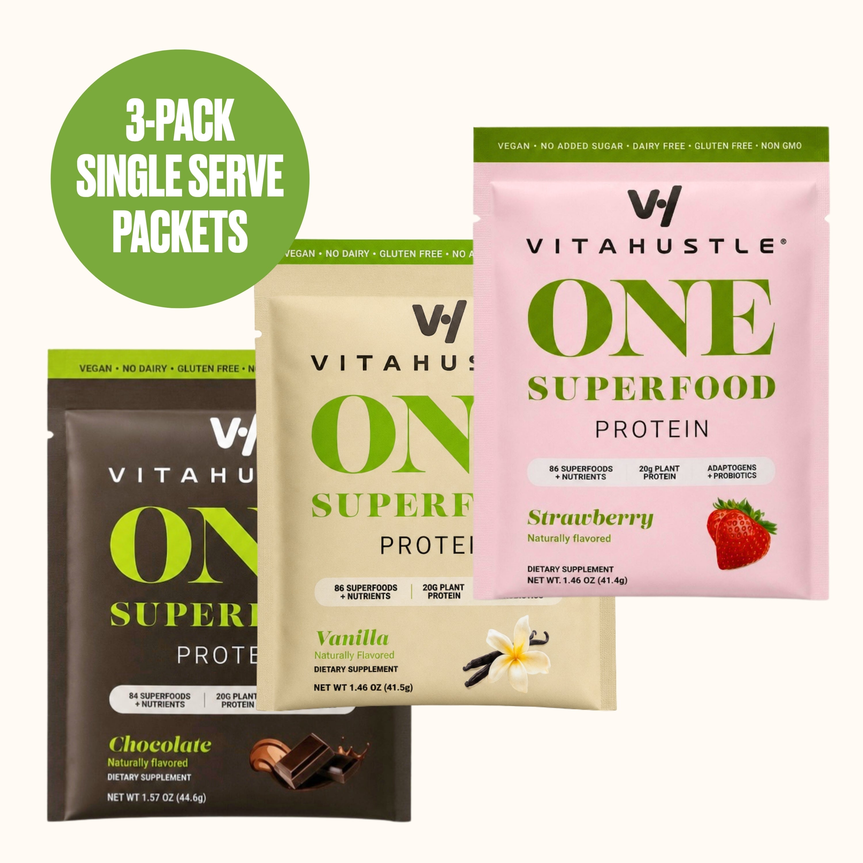 [New] VitaHustle ONE Protein 3 Single Serve Packets (Chocolate, Strawberry, Vanilla) - 20g Protein, Ashwagandha, Daily Vitamins, Superfoods, Pre+Probiotics