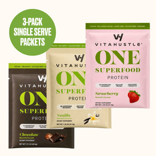 [New] VitaHustle ONE Protein 3 Single Serve Packets (Chocolate, Strawberry, Vanilla) - 20g Protein, Ashwagandha, Daily Vitamins, Superfoods, Pre+Probiotics