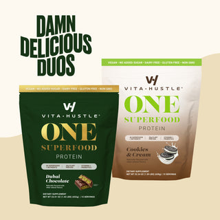 VitaHustle ONE Superfood Protein | 2-Pack Bundle | 20g Plant Protein All-in-One Shake, KSM-66 Ashwagandha, Vitamins, Daily Greens, Adaptogens, Pre+Probiotics, Vegan, Dairy-Free, Gluten-Free, Non-GMO | Damn Delicious Duos