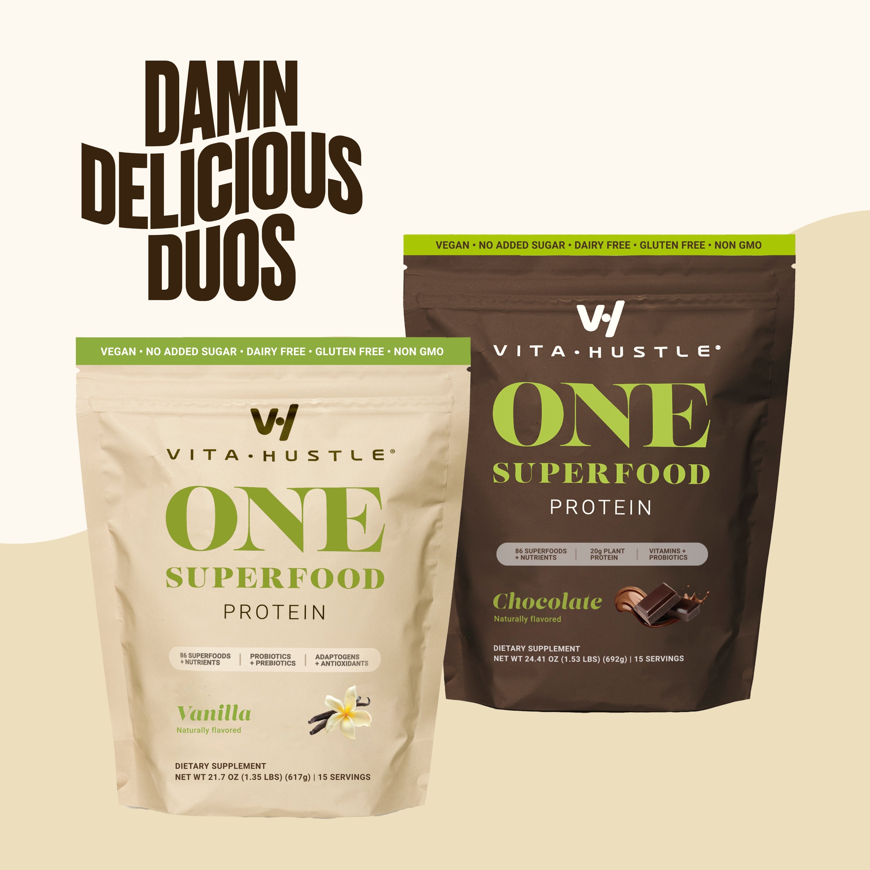 VitaHustle ONE Superfood Protein | 2-Pack Bundle | 20g Plant Protein All-in-One Shake, KSM-66 Ashwagandha, Vitamins, Daily Greens, Adaptogens, Pre+Probiotics, Vegan, Dairy-Free, Gluten-Free, Non-GMO | Damn Delicious Duos