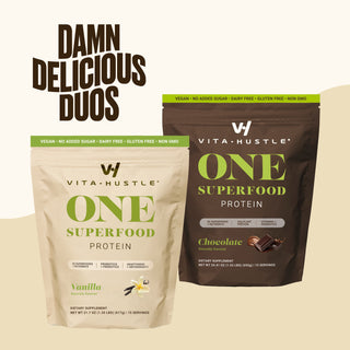 VitaHustle ONE Superfood Protein | 2-Pack Bundle | 20g Plant Protein All-in-One Shake, KSM-66 Ashwagandha, Vitamins, Daily Greens, Adaptogens, Pre+Probiotics, Vegan, Dairy-Free, Gluten-Free, Non-GMO | Damn Delicious Duos