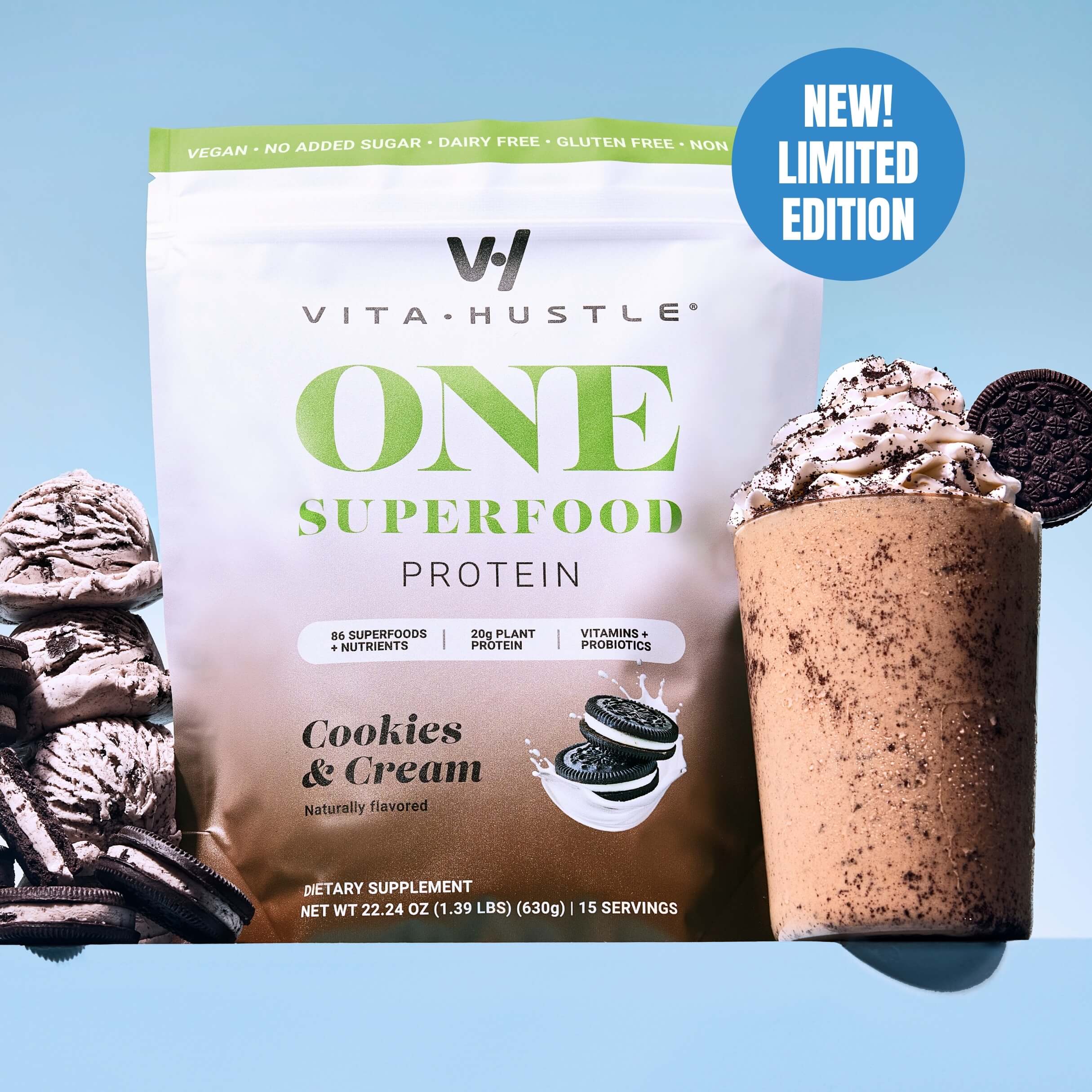 VitaHustle ONE Superfood Protein - Cookies & Cream |  15 Servings - VitaHustle.com - Kevin Hart