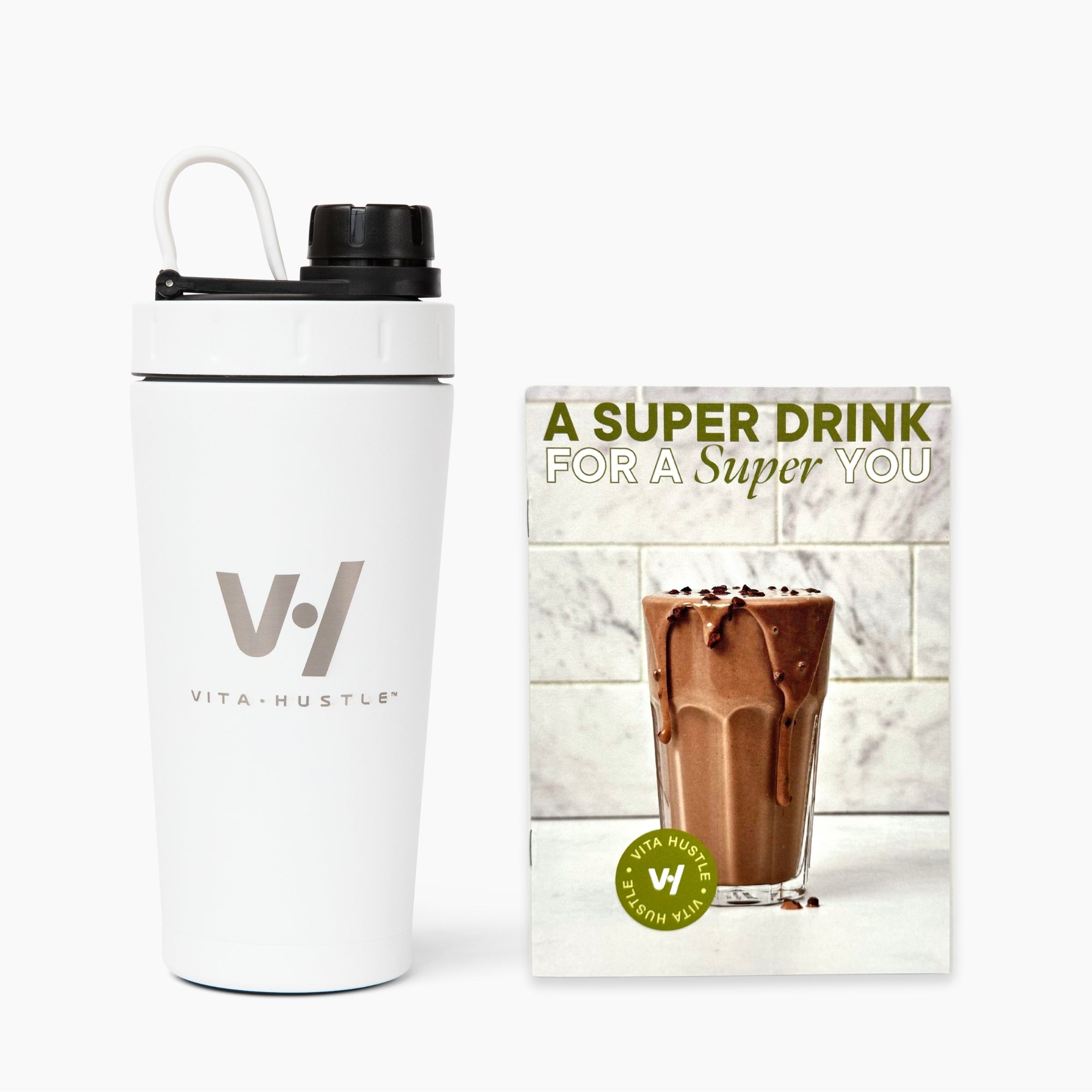 VitaHustle Welcome Gift Set: White Stainless Steel Shaker + Recipe Book - VitaHustle.com - Kevin Hart