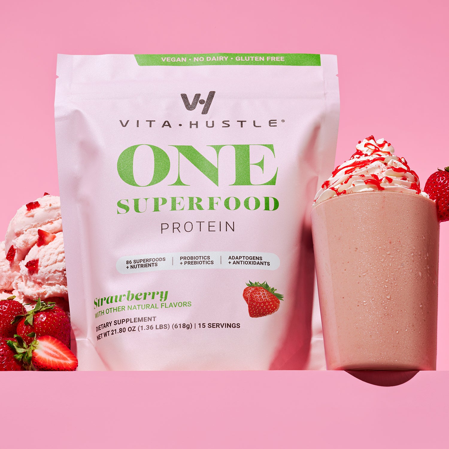 VitaHustle ONE Superfood Protein - Strawberry | 15 Servings